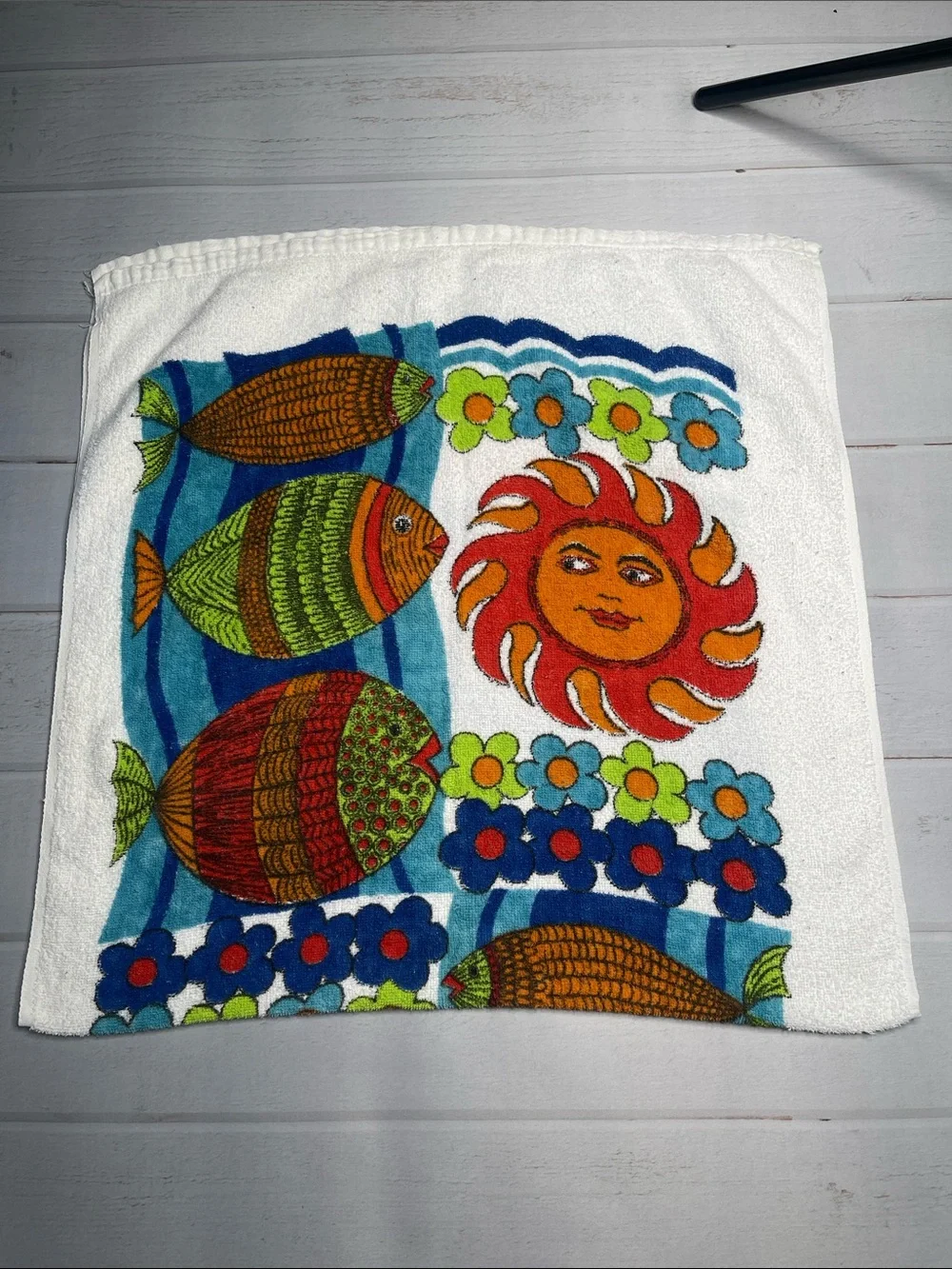 Vintage Beach Towel Pair St Thomas Fish Sun Flowers Celestial Ocean Set 90s 80s